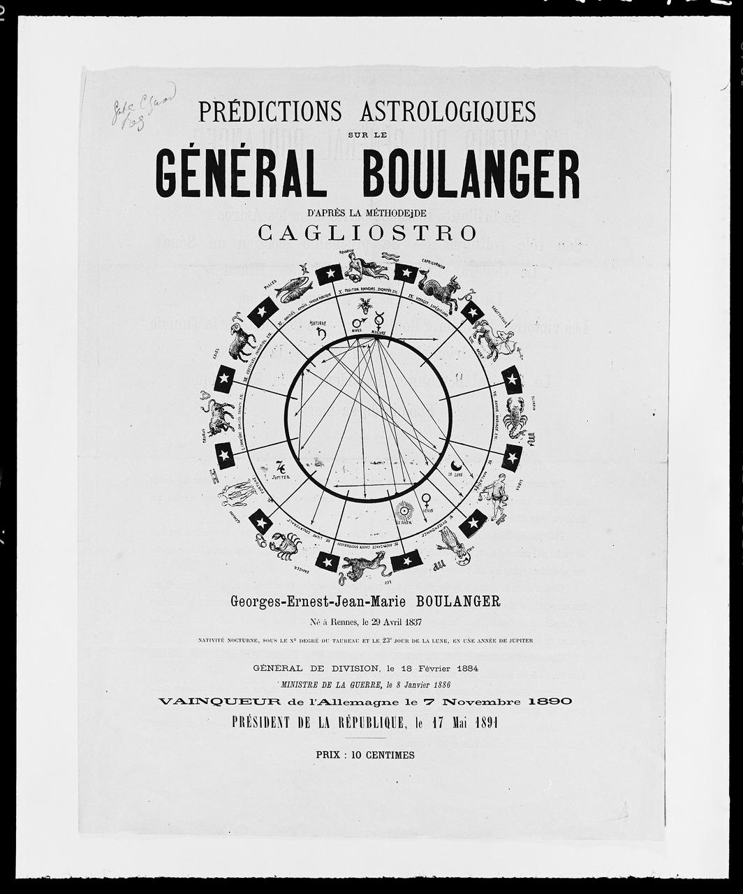 photographie "Prédictions… Sur le Général Boulanger". Humour politique. Estampe datée aux alentours de 1890. Typographie noir et blanc Ph.1992.2.752  Photo