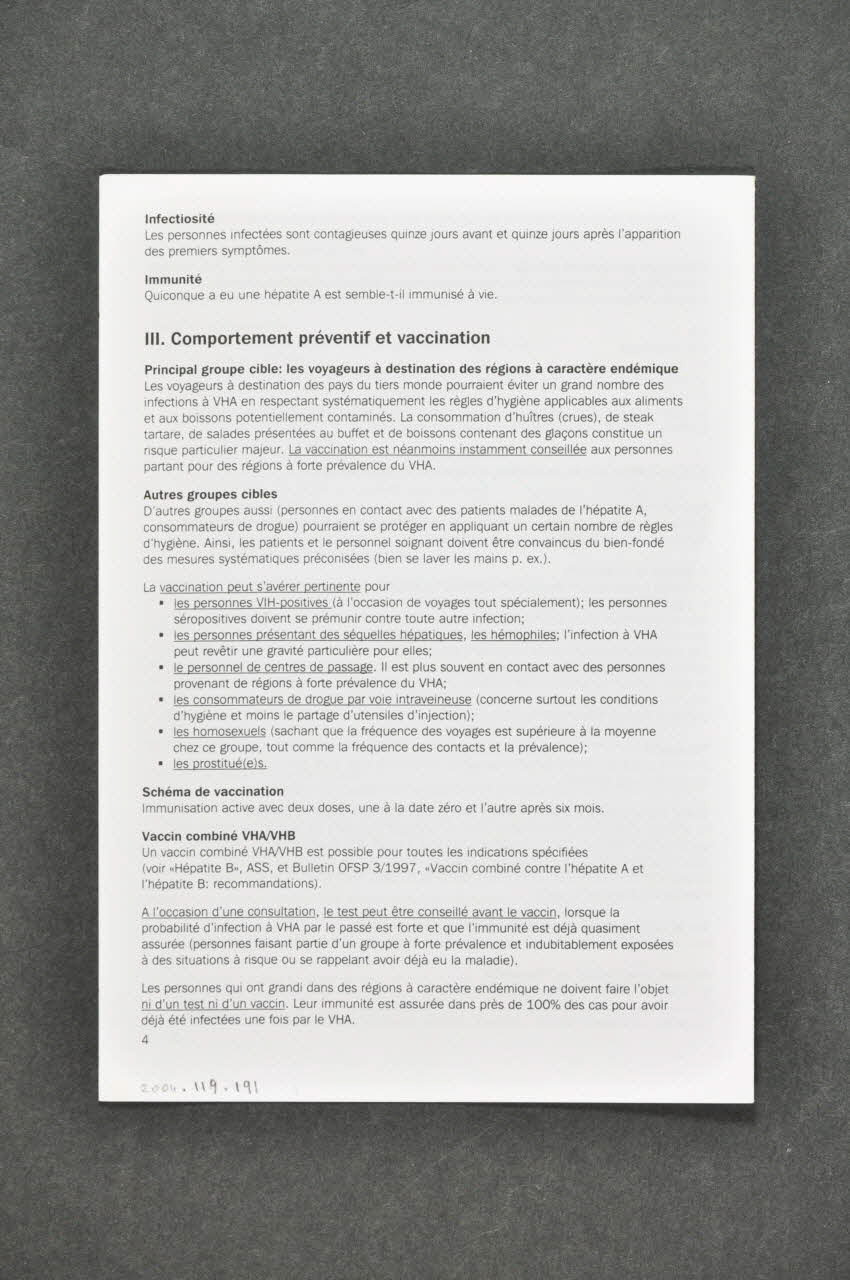 Aide Suisse Contre Le Sida (Ass) Dépliant "Hépatite A.  Information à l'usage des conseillers." (en français) Lorraine, France 2001/5 2004.119.191 Photo Mucem