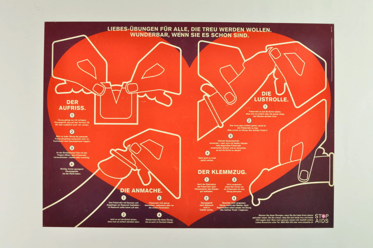 Aide Suisse Contre Le Sida, Campagne Stop Aids affiche "Liebes-Ubungen für alle die truewerden wollen. Wunderbar, wenn sie es schon sind" (4 exercices amoureux pour tous ceux qui aspirent à la fidélité, sans encore la pratiquer) Lorraine, France 1999 2004.119.197 Photo Mucem