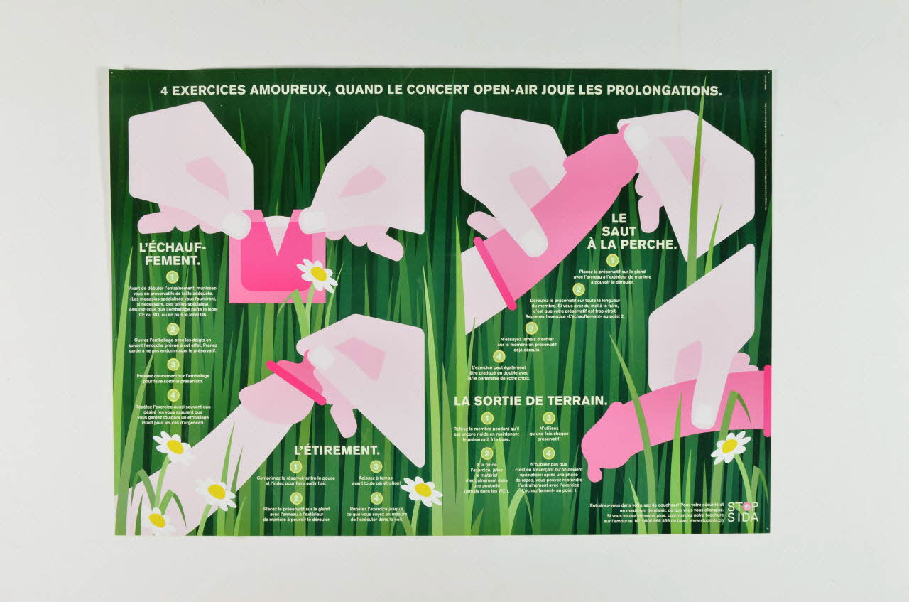 Aide Suisse Contre Le Sida, Campagne Stop Aids affiche "4 exercices amoureux, quand le concert open-air joue les prolongations." (en français) Lorraine, France 1999 2004.119.198 Photo Mucem