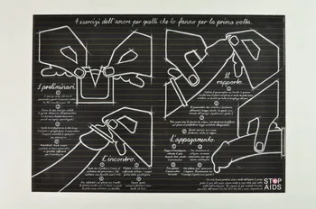 Aide Suisse Contre Le Sida, Campagne Stop Aids affiche "4 esercizi dell' amore per quelli che lo fanno per la prima volta" (en italien) (4 exercices amoureux pour ceux qui le font pour la première fois) Lorraine, France 1999 2004.119.199 Photo Mucem