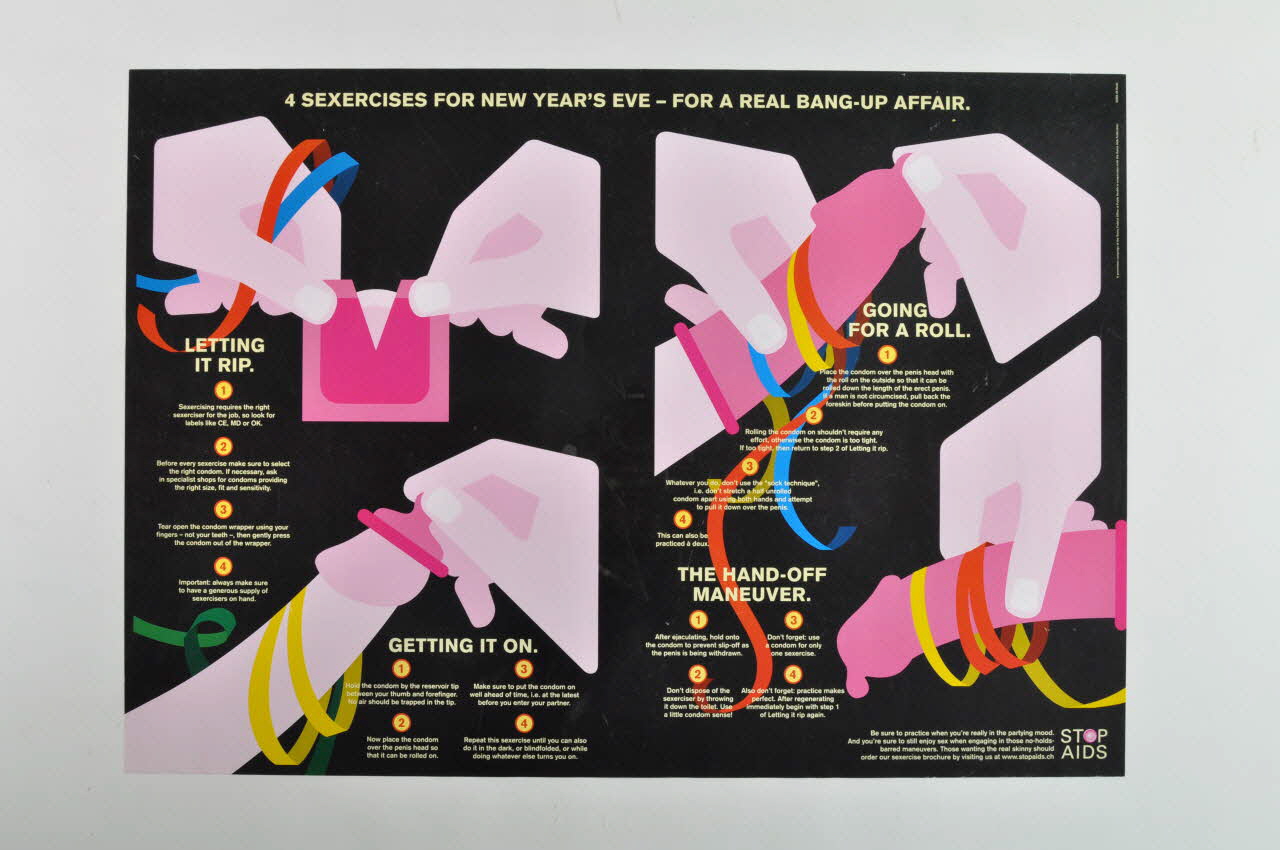 Aide Suisse Contre Le Sida, Campagne Stop Aids affiche "4 sexercises for new year's eve - for a real bang-up affair" (en anglais) (4 exercices amoureux pour la veillée du nouvel an, pour une affaire vraiment fracassante) Lorraine, France 1999 2004.119.201 Photo Mucem