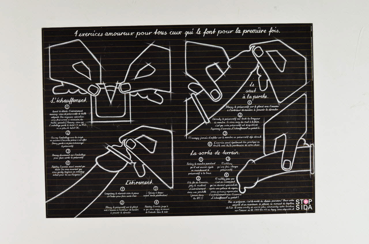 Aide Suisse Contre Le Sida, Campagne Stop Aids affiche "4 exercices amoureux pour tous ceux qui le font pour la première fois." (en français) Lorraine, France 1999 2004.119.203 Photo Mucem