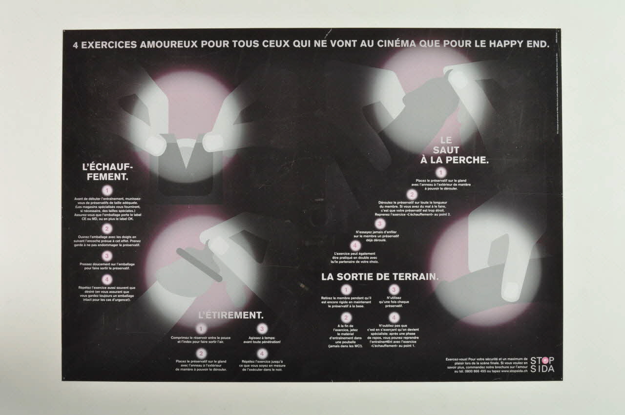 Aide Suisse Contre Le Sida, Campagne Stop Aids affiche "4 exercices amoureux pour tous ceux qui ne vont au cinéma que pour le happy end" (en français) Lorraine, France 1999 2004.119.207 Photo Mucem