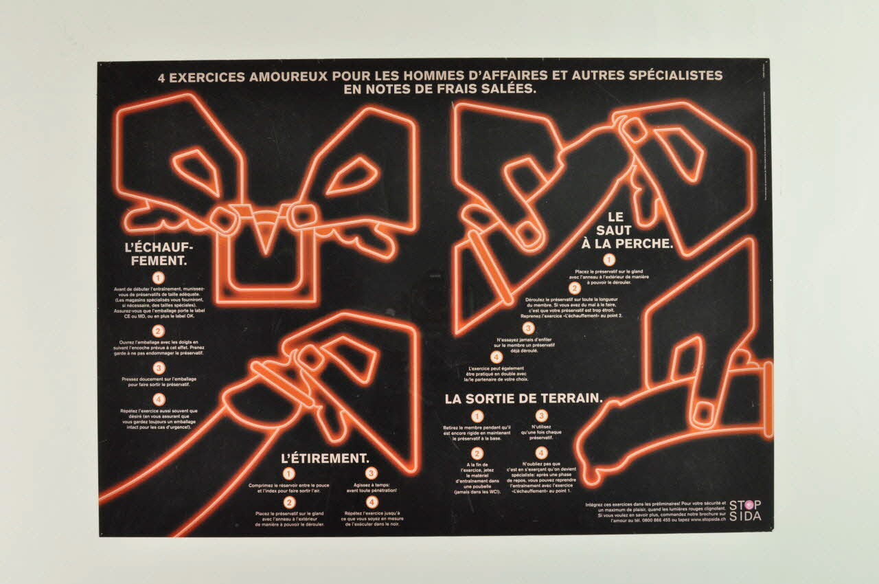 Aide Suisse Contre Le Sida, Campagne Stop Aids affiche "4 exercices amoureux pour les hommes d'affaire et autres spécialistes en notes de frais salées" (en français) Lorraine, France 1999 2004.119.209 Photo Mucem