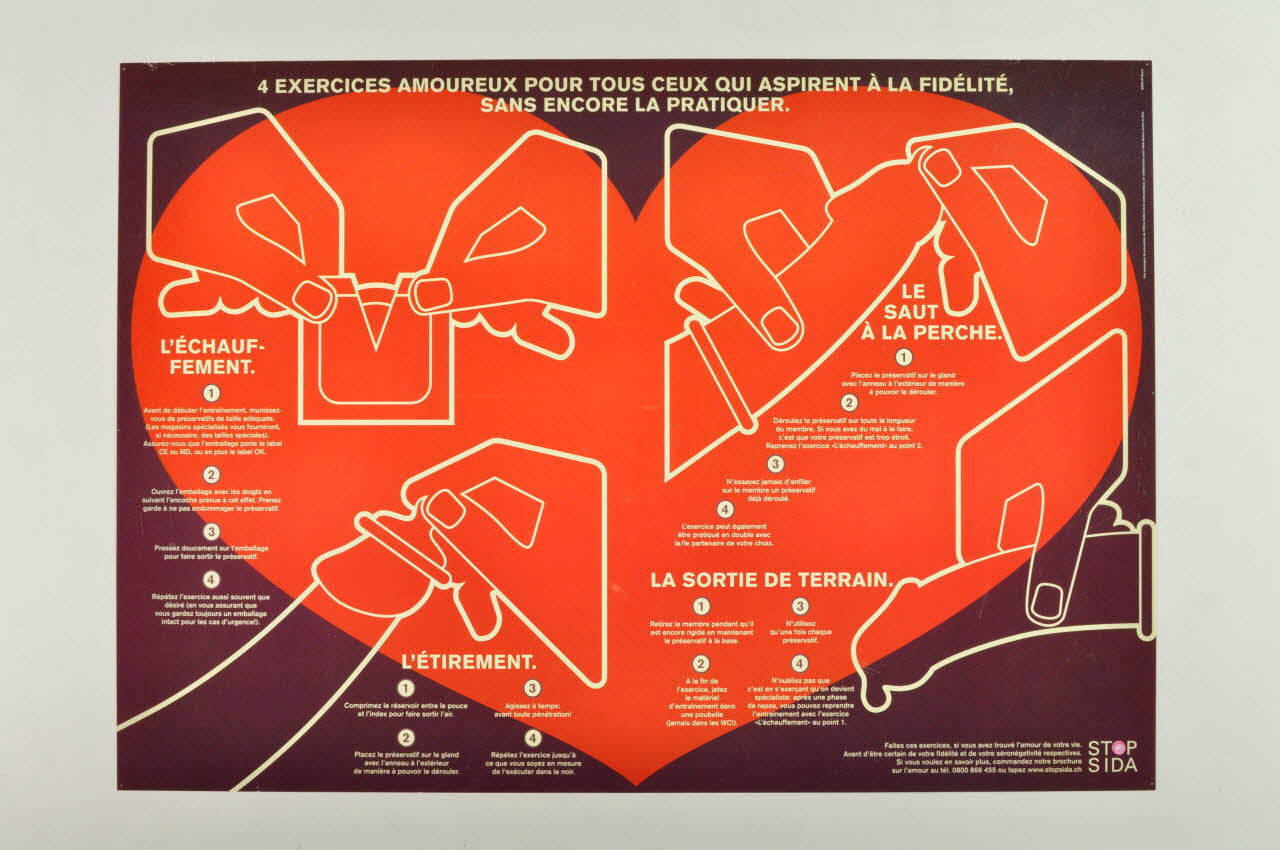 Aide Suisse Contre Le Sida, Campagne Stop Aids affiche "4 exercices amoureux pour tous ceux qui aspirent à la fidélité, sans encore la pratiquer" (en français) Lorraine, France 1999 2004.119.210 Photo Mucem