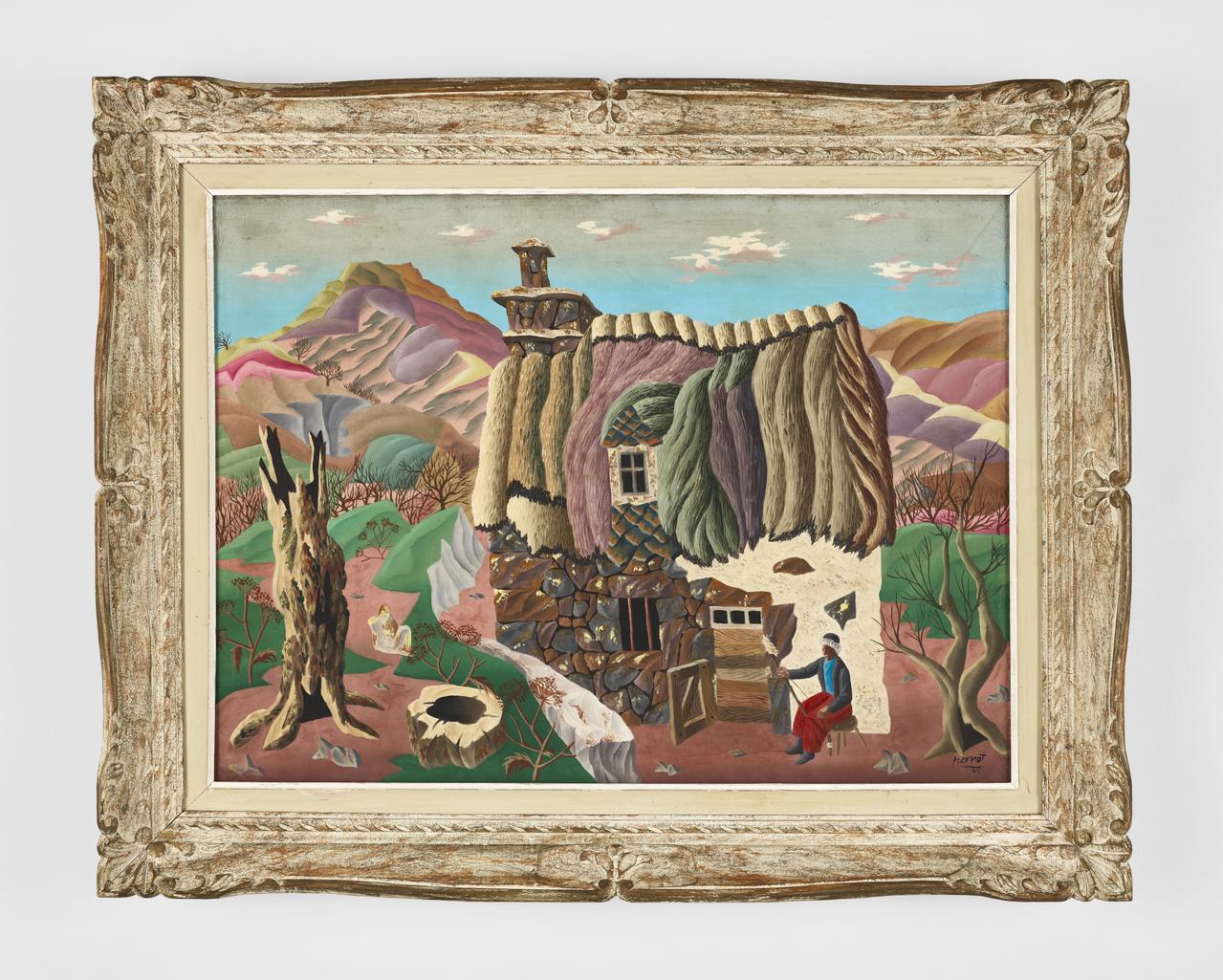 René Perrot tableau Maison du Cantal avec fileuse Auvergne, France 1945 2024.29.1 Photo Mucem / Marianne Kuhn