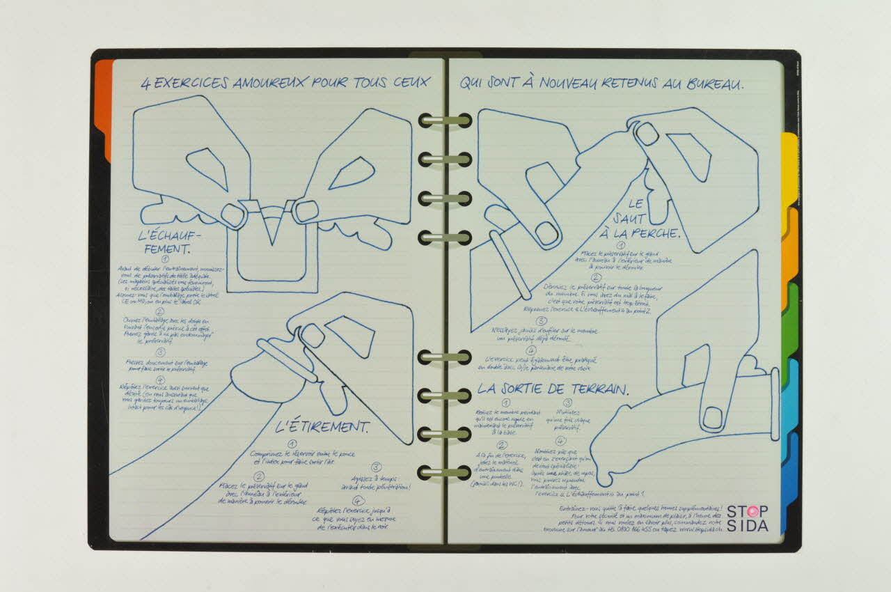 Aide Suisse Contre Le Sida, Campagne Stop Aids affiche "4 exercices amoureux,pour tous ceux qui sont à nouveau retenus au bureau." (en français) Lorraine, France 1999 2004.119.220 Photo Mucem