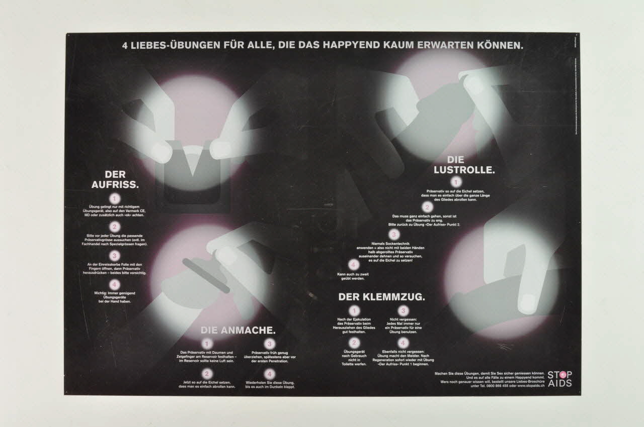 Aide Suisse Contre Le Sida, Campagne Stop Aids affiche "4 liebes-Übungen für alle, die das happyend kaum erwarten können"   ("4 exercices amoureux pour tous ceux qui ne peuvent pas attendre au happy end") Lorraine, France 1999 2004.119.222 Photo Mucem