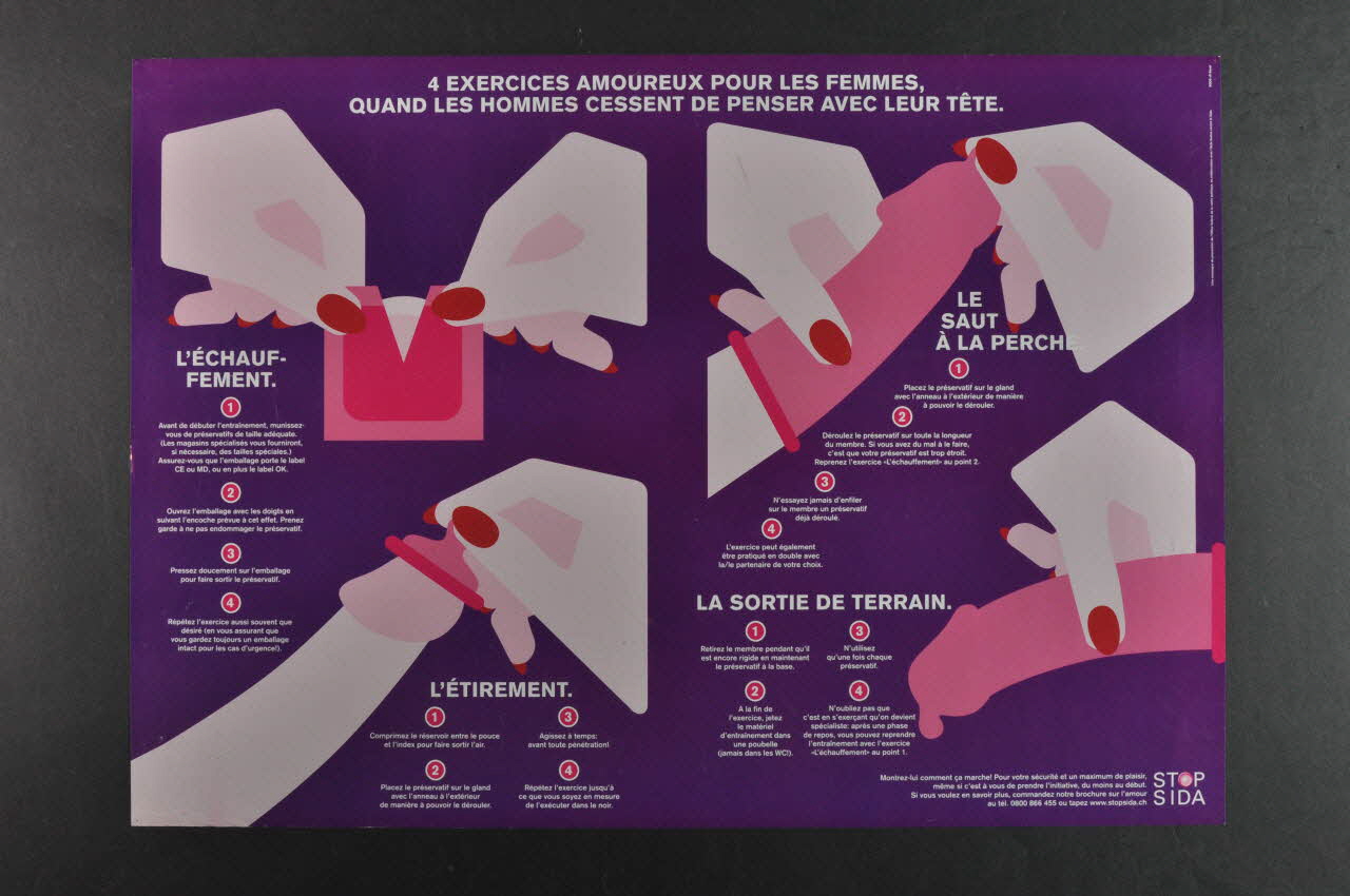 Aide Suisse Contre Le Sida, Campagne Stop Aids affiche "4 exercices amoureux pour les femmes, quand les hommes cessent de penser avec leur tête" (en français) Lorraine, France 1999 2004.119.223 Photo Mucem