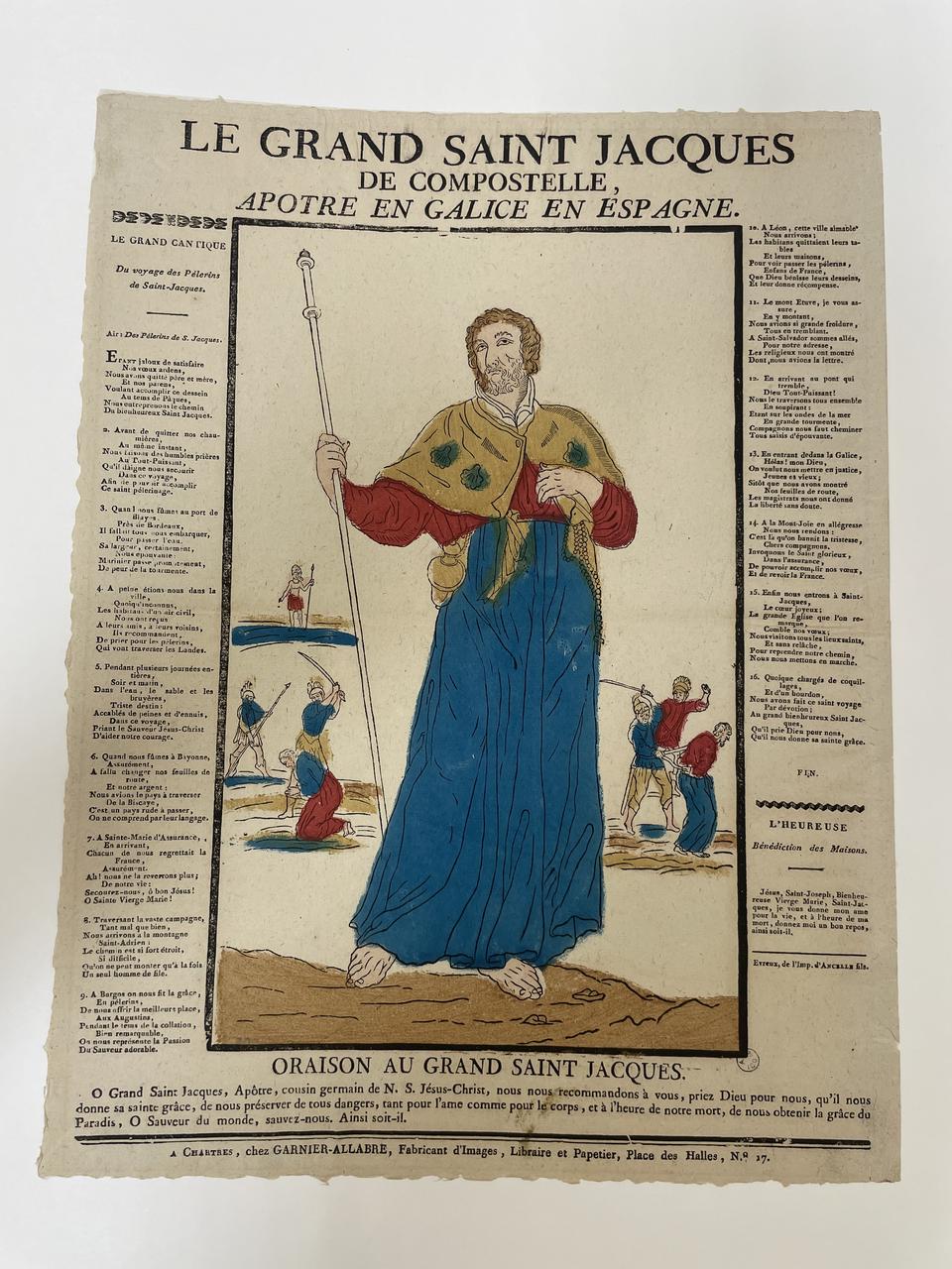 Fleuret ; Jacques-Pierre Garnier-Allabre imagerie ancienne LE GRAND SAINT JACQUES  DE COMPOSTELLE,  APOTRE EN GALICE EN ESPAGNE. Evreux 1822-1823 1951.72.12 Photo Mucem