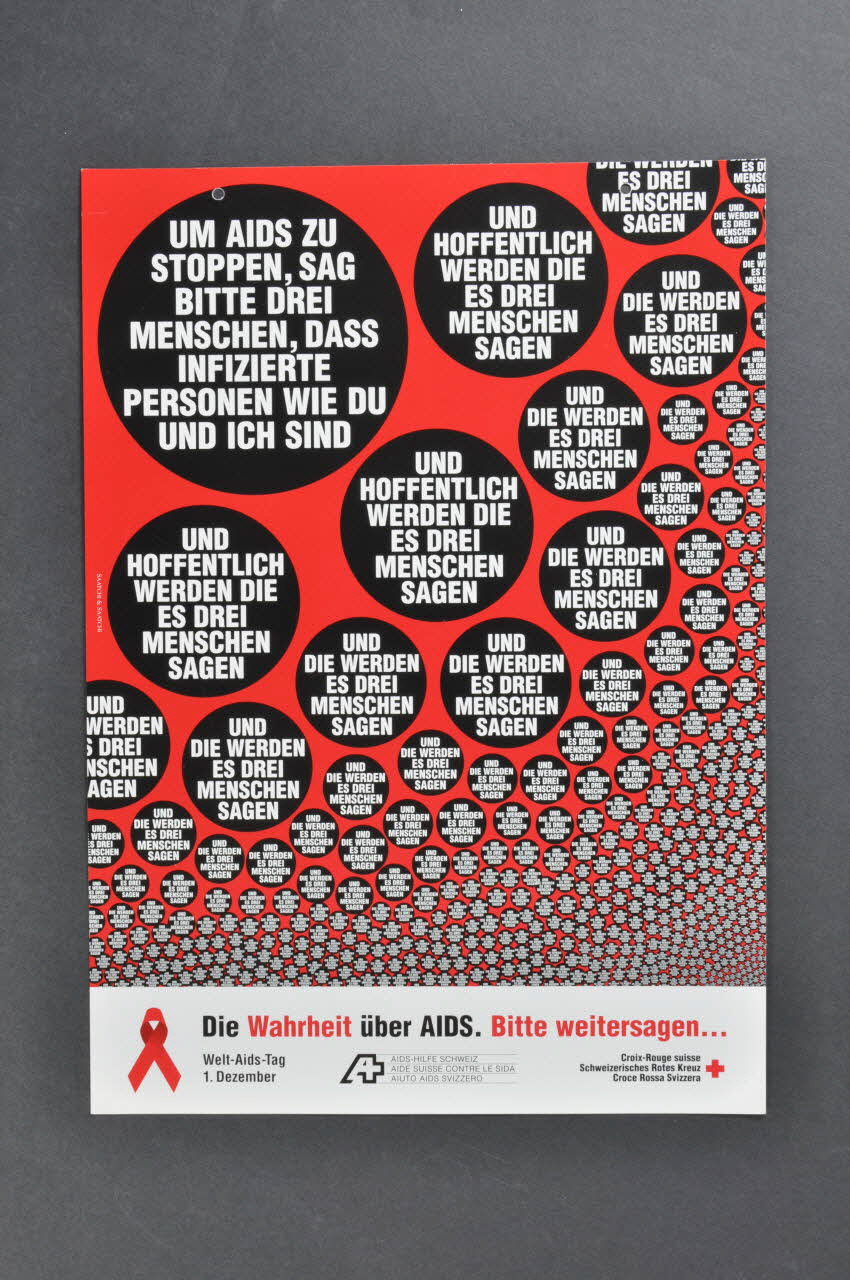 affiche "Die Wahrheit über AIDS. Bitte weitersagen..." "Pour lutter contre le sida, dites à trois personnes qu'une personne infectée est juste comme vous et moi" / "La vérité sur le sida. faites passer..." 2004.119.231 Photo Mucem