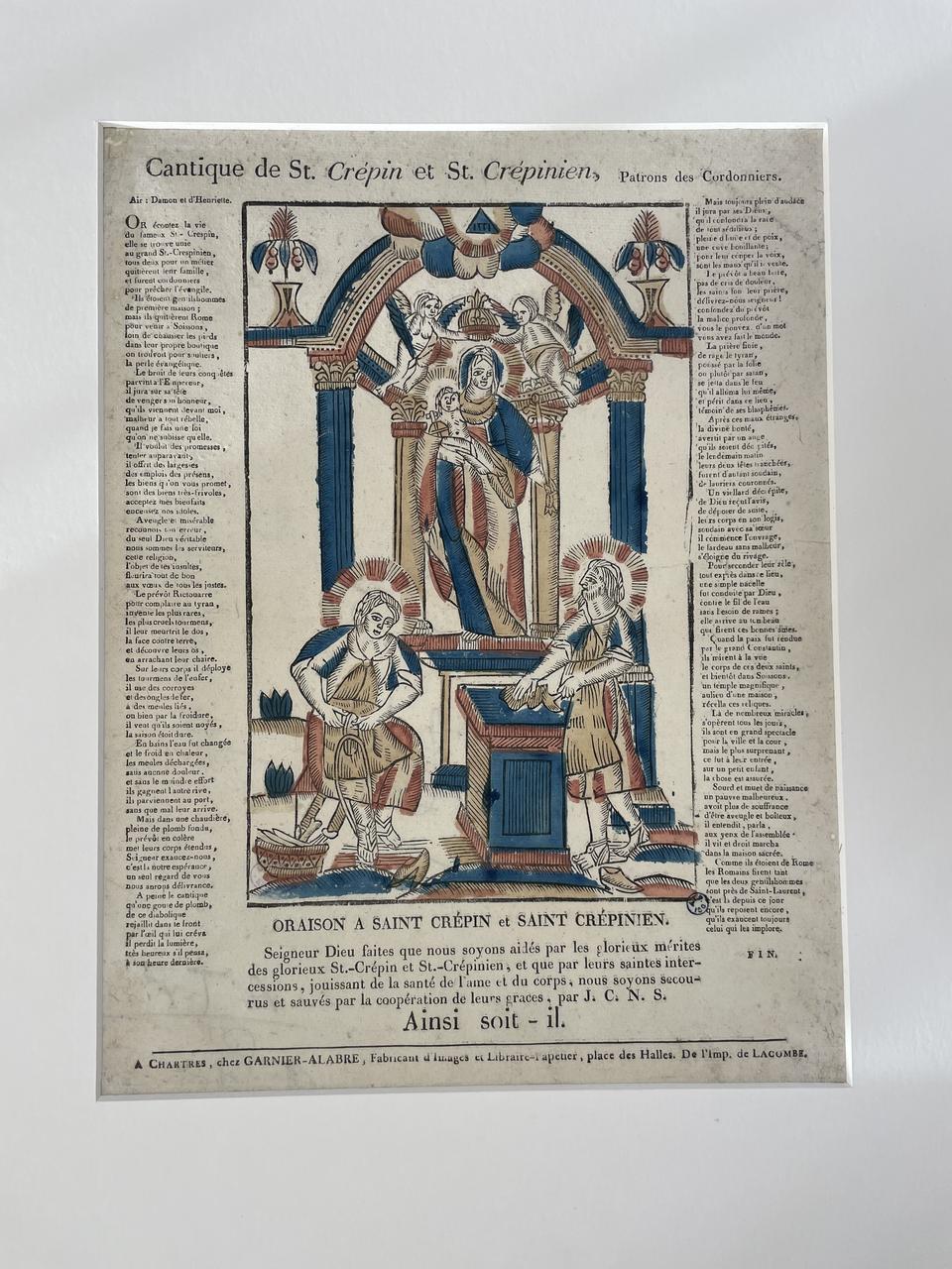 Jacques-Pierre Garnier-Allabre ; Jean-François Lacombe imagerie ancienne Cantique de St. Crépin et St. Crépinien, Patrons des Cordonniers. Chartres 1805-1821 1952.39.9 Photo Mucem