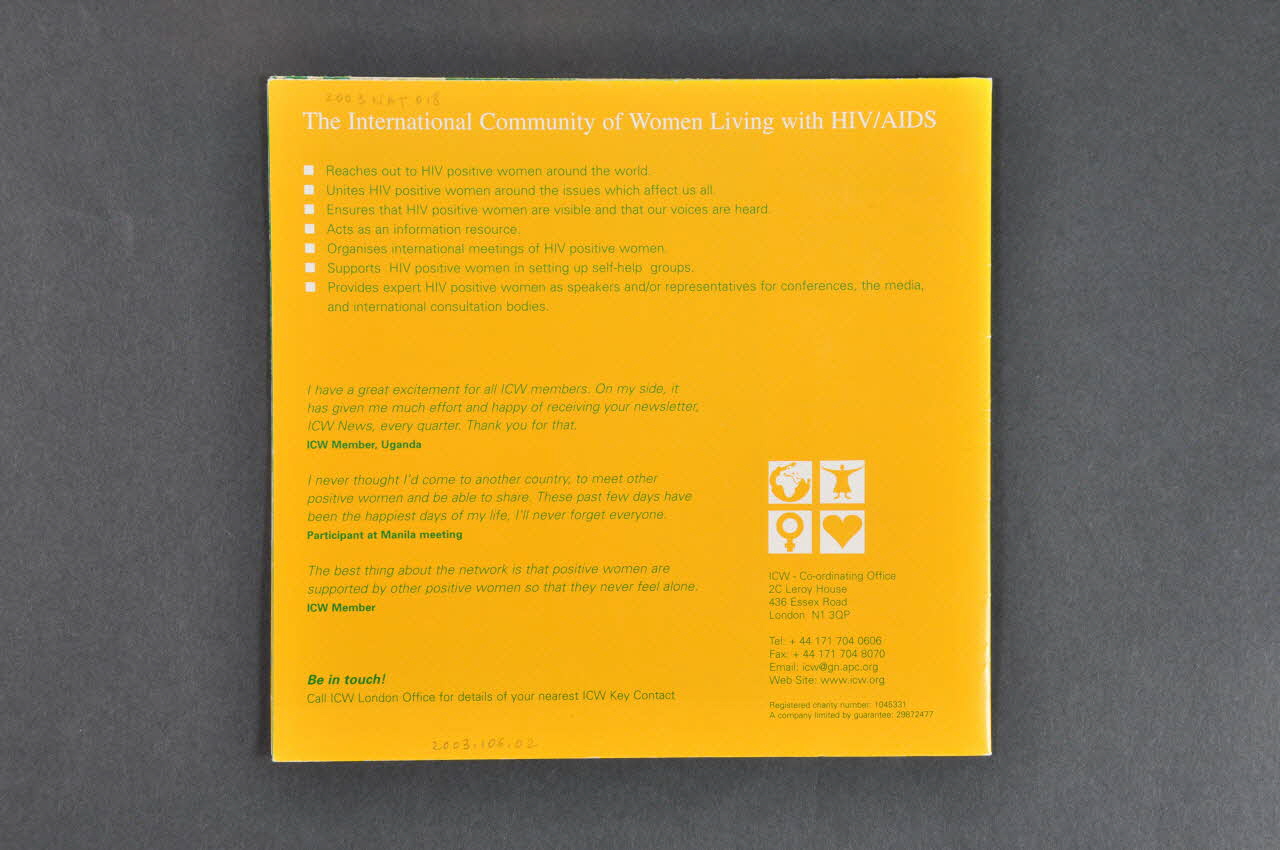 The International Community Of Women Living With Dépliant "The International Community of women living with HIV / AIDS. Review of activities 1996-98" (La communauté internationale des femmes vivant avec le VIH / sida. Rapport d'activités 1996-98) Grande Bretagne 1998 2003.106.2 Photo Mucem