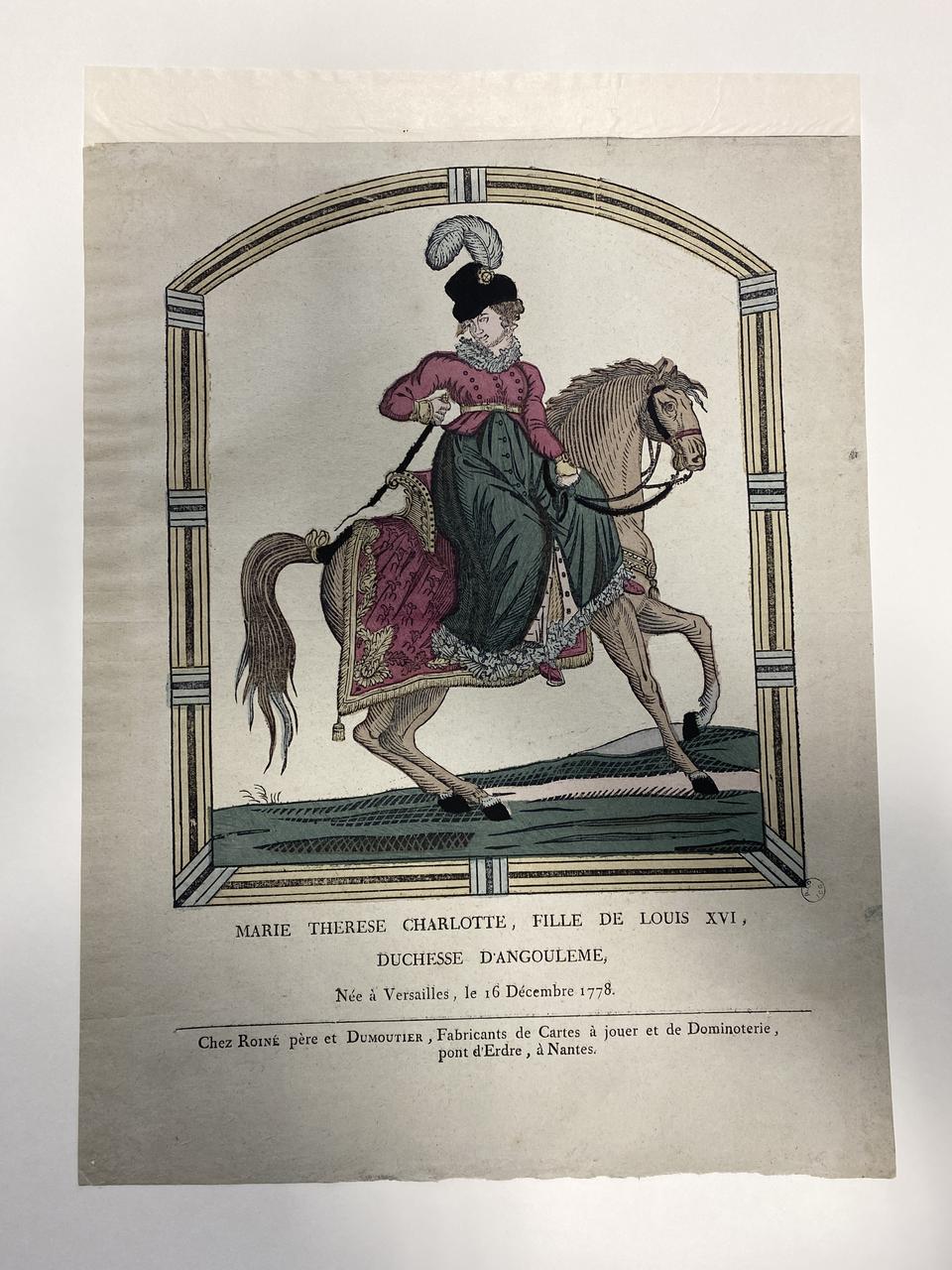 Pierre Vincent Roiné ; Dumoutier imagerie ancienne MARIE THERESE CHARLOTTE, FILLE DE LOUIS XVI,  DUCHESSE D'ANGOULEME,  Née à Versailles, le 16 Décembre 1778. Nantes 1817-1820 1985.21.6 Photo Mucem