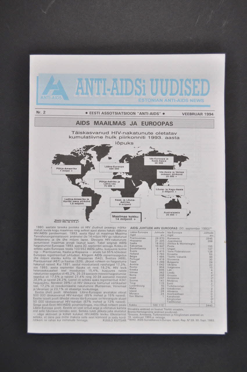 Estonian Association Anti Aids Bulletin associatif "Anti-AIDSi Uudised" (Estonian Anti-Aids News), n°2, février 1994 / "AIDS Maailmas ja Euroopas" (Le sida en Europe) Estonie 1994/2 2005.115.29 Photo Mucem