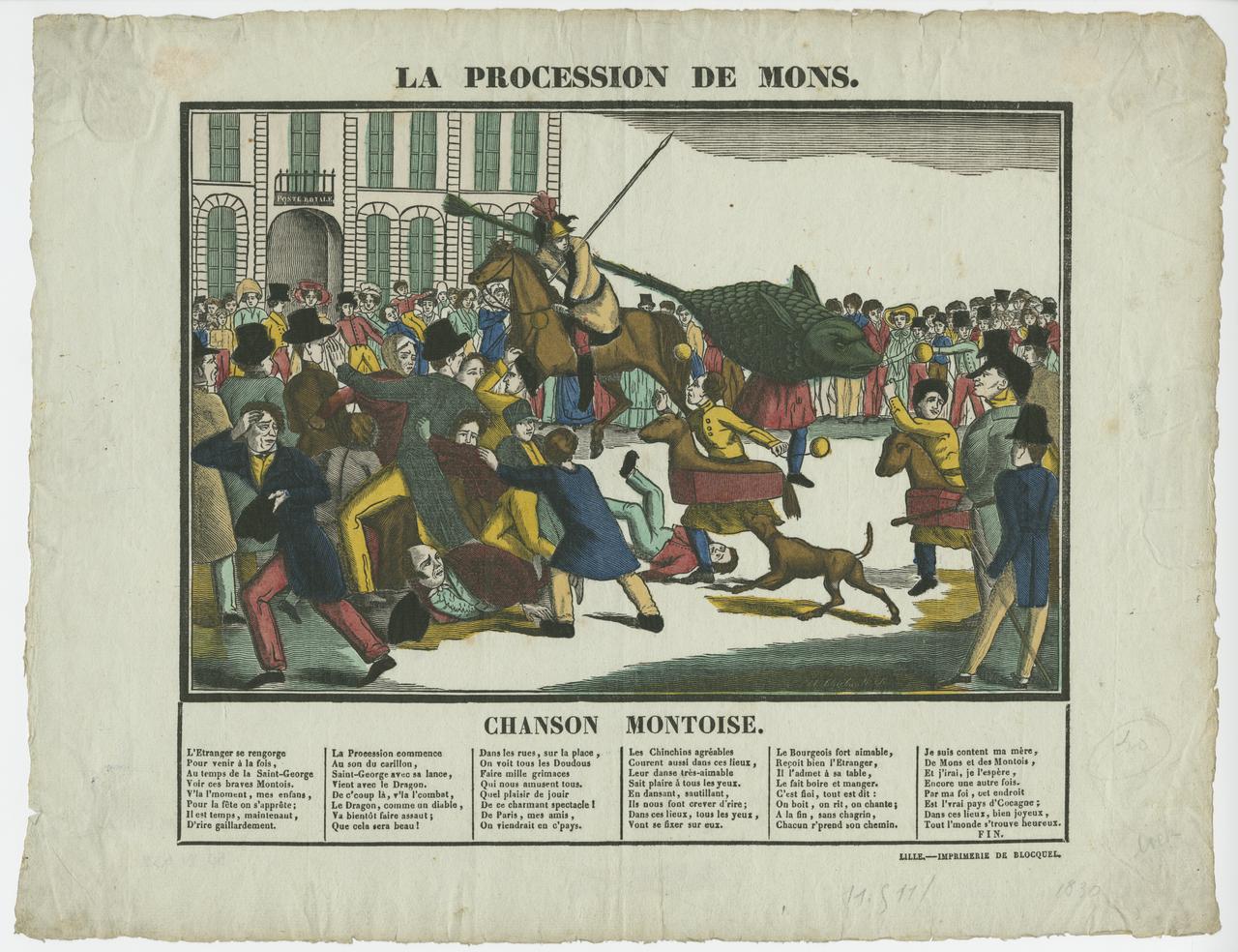 estampe La procession de Mons, suivie de la chanson montoise 1950.21.632 Photo (c) Mucem ; cliché : (c) Frédéric Legoy - Musée de l'hospice Comtesse / Ville de Lille