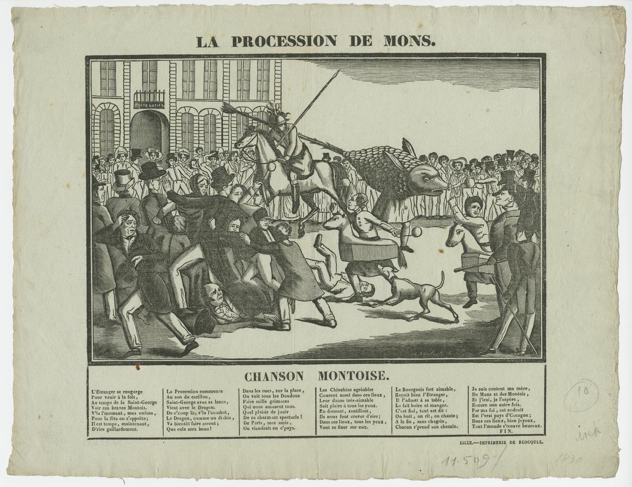 estampe La Procession de Mons, suivie de la chanson montoise 1950.21.633 Photo (c) Mucem ; cliché : (c) Frédéric Legoy - Musée de l'hospice Comtesse / Ville de Lille