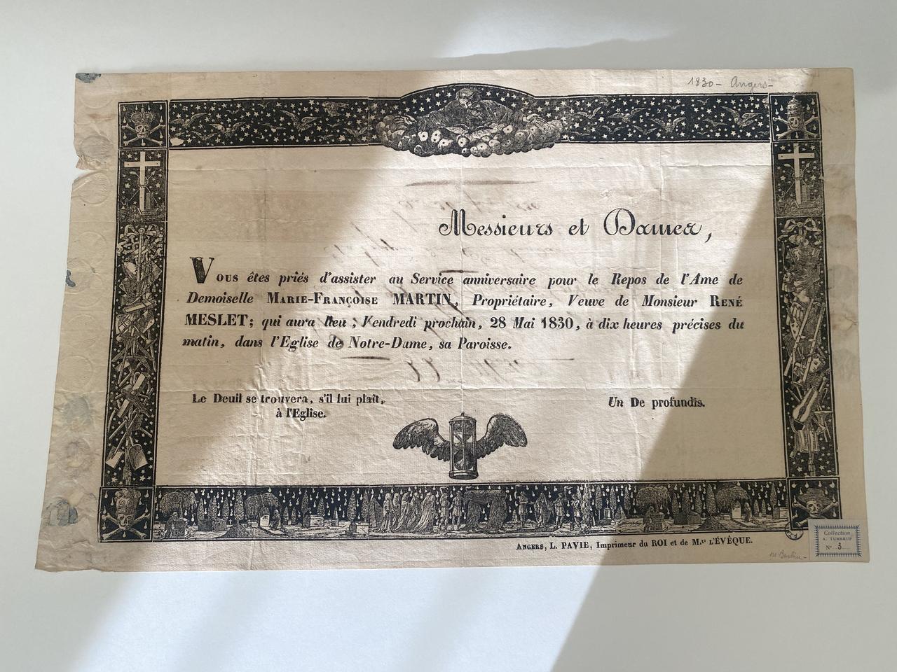 Durouchail Pierre ; Pavie L. imagerie ancienne Faire part de messe anniversaire Angers 1830 1963.124.9 Photo Mucem