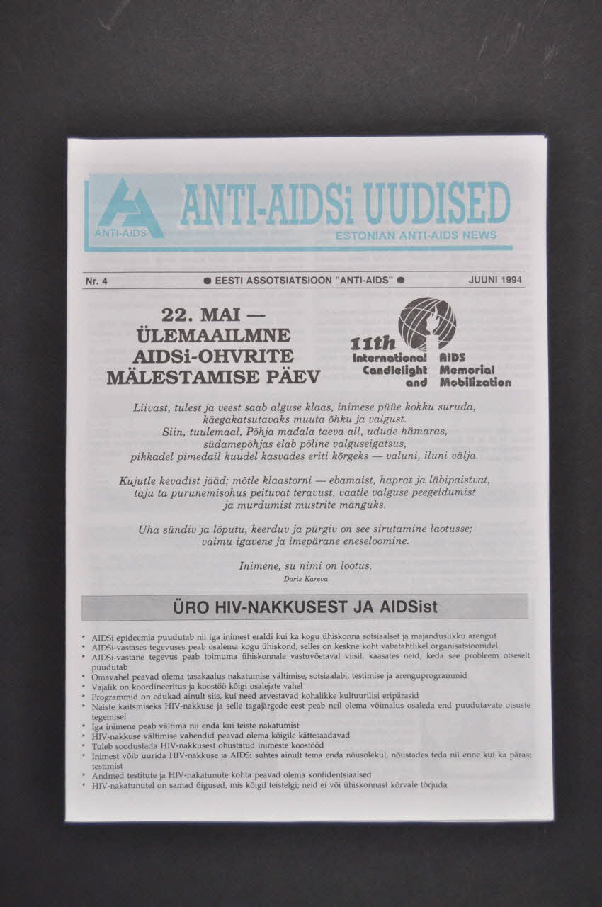 Estonian Association Anti Aids Bulletin associatif "Anti-AIDSi Uudised" (Estonian Anti-Aids News), n°4, juin 1994 / 11th International AIDS Candlelight Memorial and mobilization Estonie 1994/6 2005.115.31 Photo Mucem