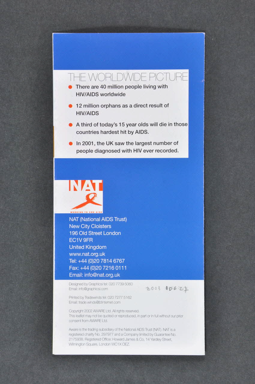 National Aids Trust (NAT) Dépliant "Know the facts. HIV transmission and testing" (Connaissez les faits. La transmission du VIH et le dépistage) Grande Bretagne 2001 2003.106.27 Photo Mucem