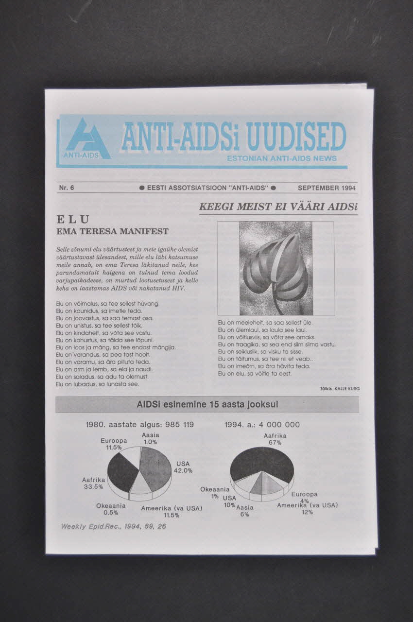 Estonian Association Anti Aids Bulletin associatif "Anti-AIDSi Uudised" (Estonian Anti-Aids News), n°6, septembre 1994 / "ELU. Ema teresa manifest" Estonie 1994/9 2005.115.33 Photo Mucem