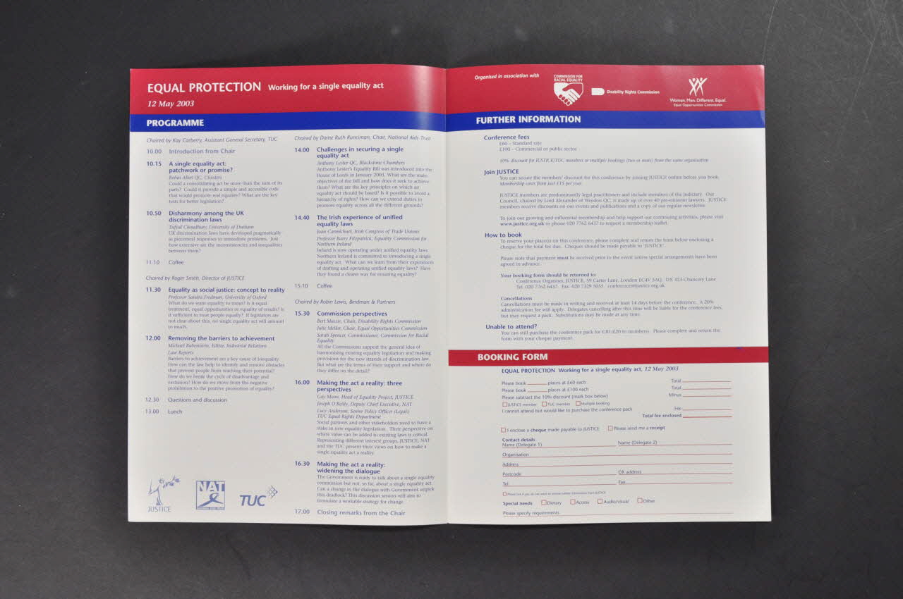 National Aids Trust (NAT) Dépliant "Equal protection. Working for a single equality act" (Protection égale. Travai pour un acte d'égalité simple) Grande Bretagne 2003 2003.106.3 Photo Mucem