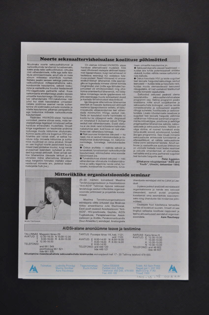 Estonian Association Anti Aids Bulletin associatif "Anti-AIDSi Uudised" (Estonian Anti-Aids News), n°4 (11), mai 1995 / "12th International AIDS Candlelight Memorial and Mobilization" Estonie 1995/5 2005.115.38 Photo Mucem