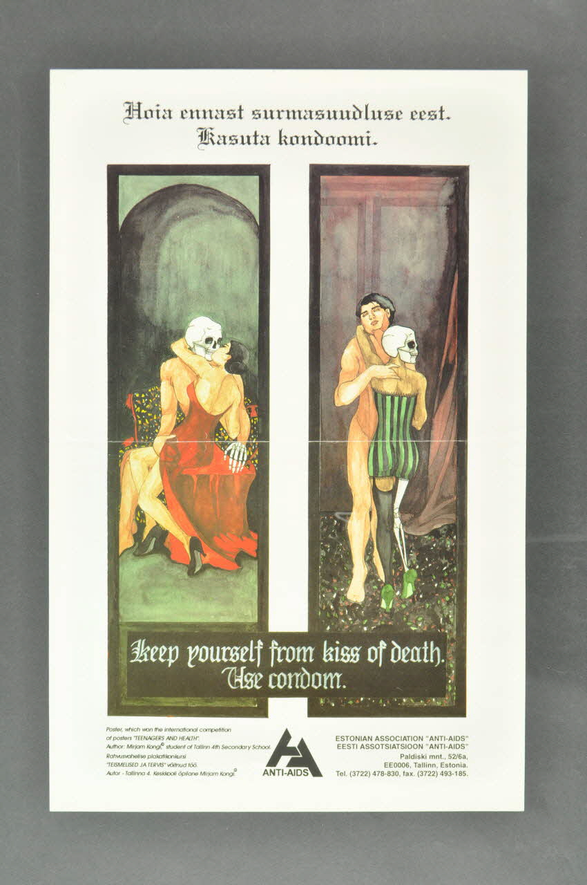 Estonian Association Anti Aids affiche "Keep yourself from kiss of death. Use condom" (en anglais et en estonien) (Préservez vous du baiser de la mort. Utlisez des préservatifs) Estonie 1995 2005.115.4 Photo Mucem