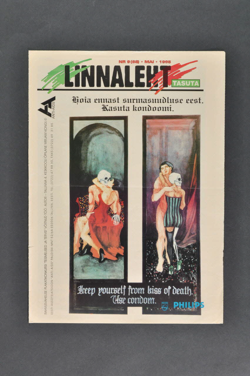 Estonian Association Anti Aids journal : "Keep yourself from kiss of death. Use condom" (en anglais et en estonien) (Préservez vous du baiser de la mort. Utlisez des préservatifs) Estonie 1995/5 2005.115.5 Photo Mucem