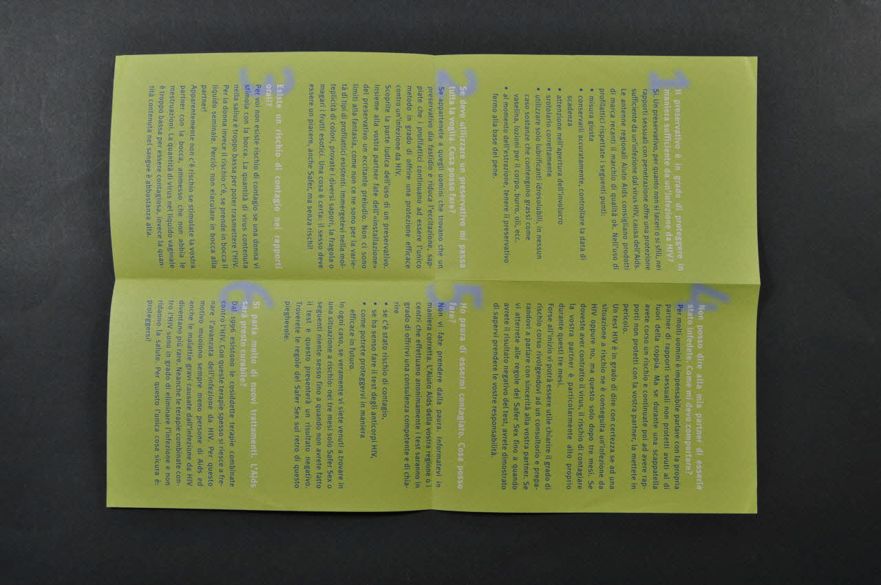 Aide Suisse Contre Le Sida (Ass) Dépliant "Le sei domande piu frequenti degli uomini e le relative riposte" (Réponses aux six questions que posent le plus souvent les hommes) Lorraine, France 2000 2004.119.47 Photo Mucem