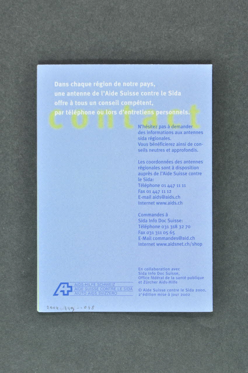 Aide Suisse Contre Le Sida (Ass) Dépliant "Réponses aux six questions que posent le plus souvent les hommes" Lorraine, France 2002 2004.119.48 Photo Mucem