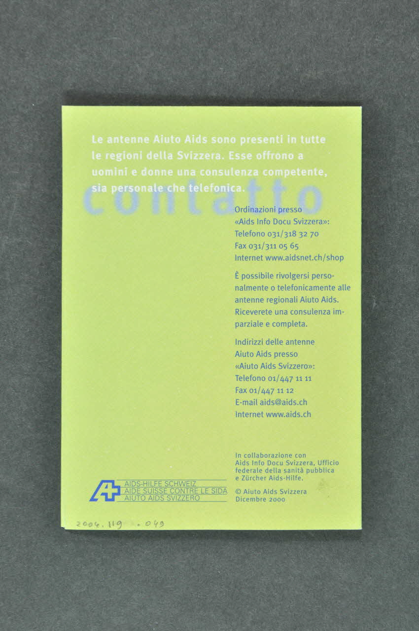 Aide Suisse Contre Le Sida (Ass) Dépliant "Le sei domande piu frequanti delle donne e le relative risposte" (Réponses aux six questions que posent le plus souvent les femmes" Lorraine, France 2000 2004.119.49 Photo Mucem