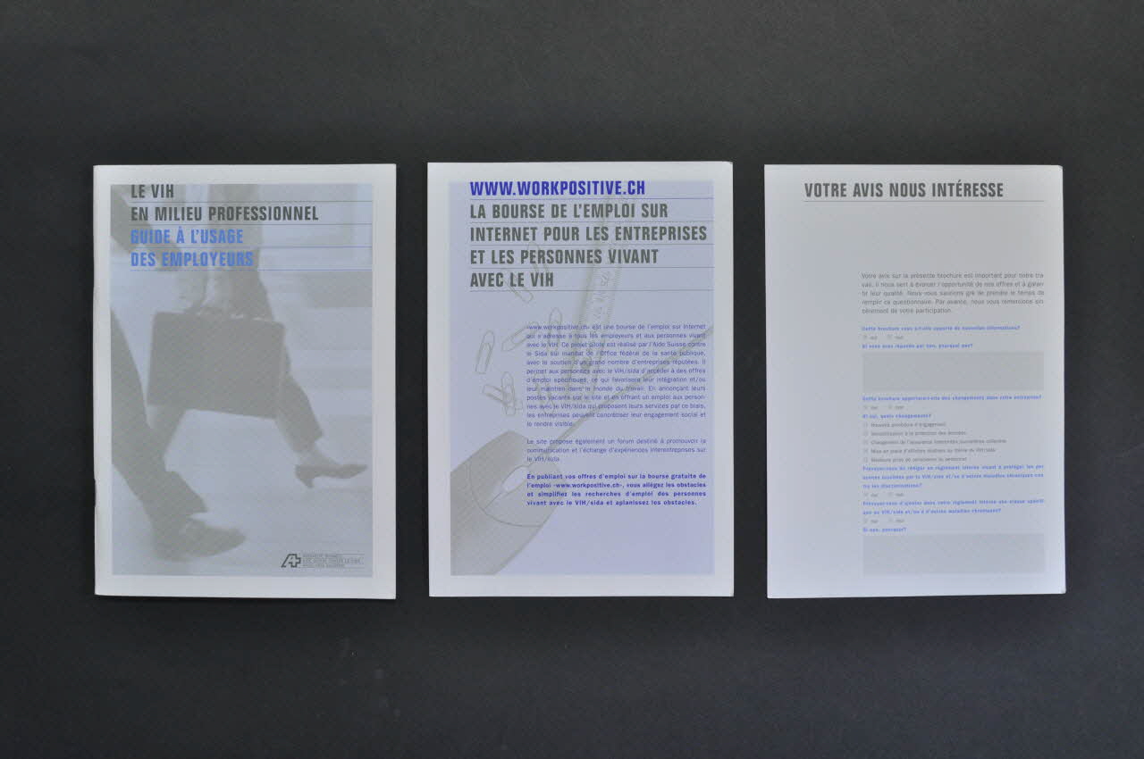 Aide Suisse Contre Le Sida (Ass) BROCHURE "Le VIH en milieu professionnel. Guide à l'usage des employeurs." Lorraine, France 2003 2004.119.51.1-3 Photo Mucem