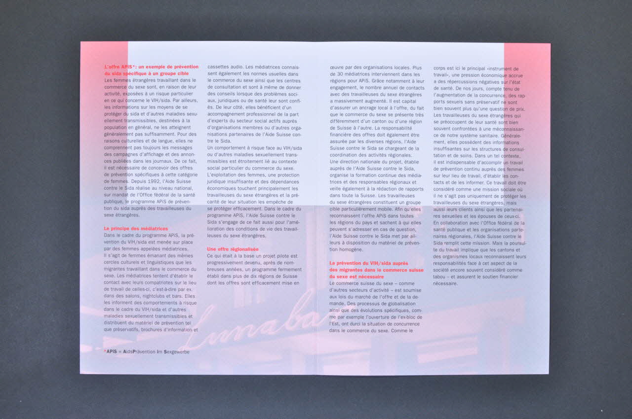 Aide Suisse Contre Le Sida, Programme Apis Dépliant "APIS. Prévention du VIH/sida dans le commerce du sexe" Lorraine, France 2002/11 2004.119.57 Photo Mucem
