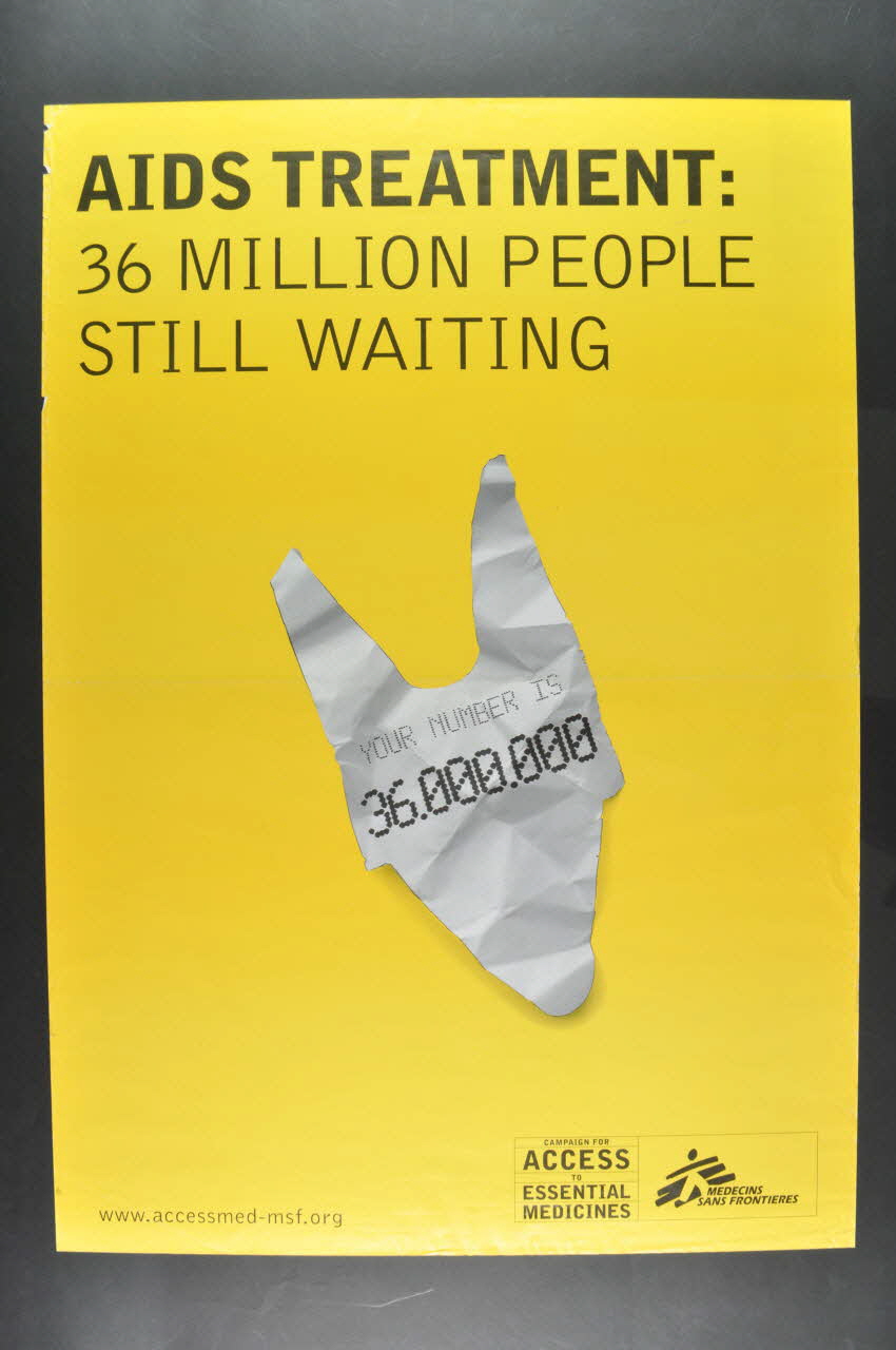 Msf affiche "AIDS Treatment. 36 million people still waiting" (Traitement du sida. 36 millions de personnes attendent encore) France 2004 2005.117.16 Photo Mucem
