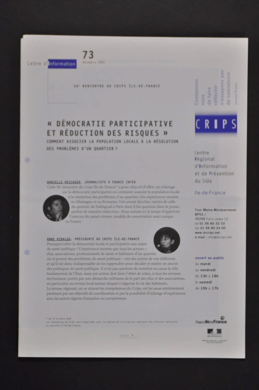 C.R.I.P.S Ile de France Lettre d'information "Démocratie participative et réduction des risques" France 2004/12 2005.117.28 Photo Mucem