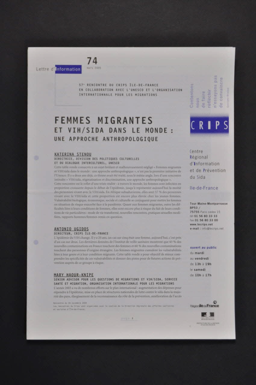C.R.I.P.S Ile de France Lettre d'information Femmes migrantes et VIH /SIDA dans le monde France 2005/3 2005.117.29.1 Photo Mucem