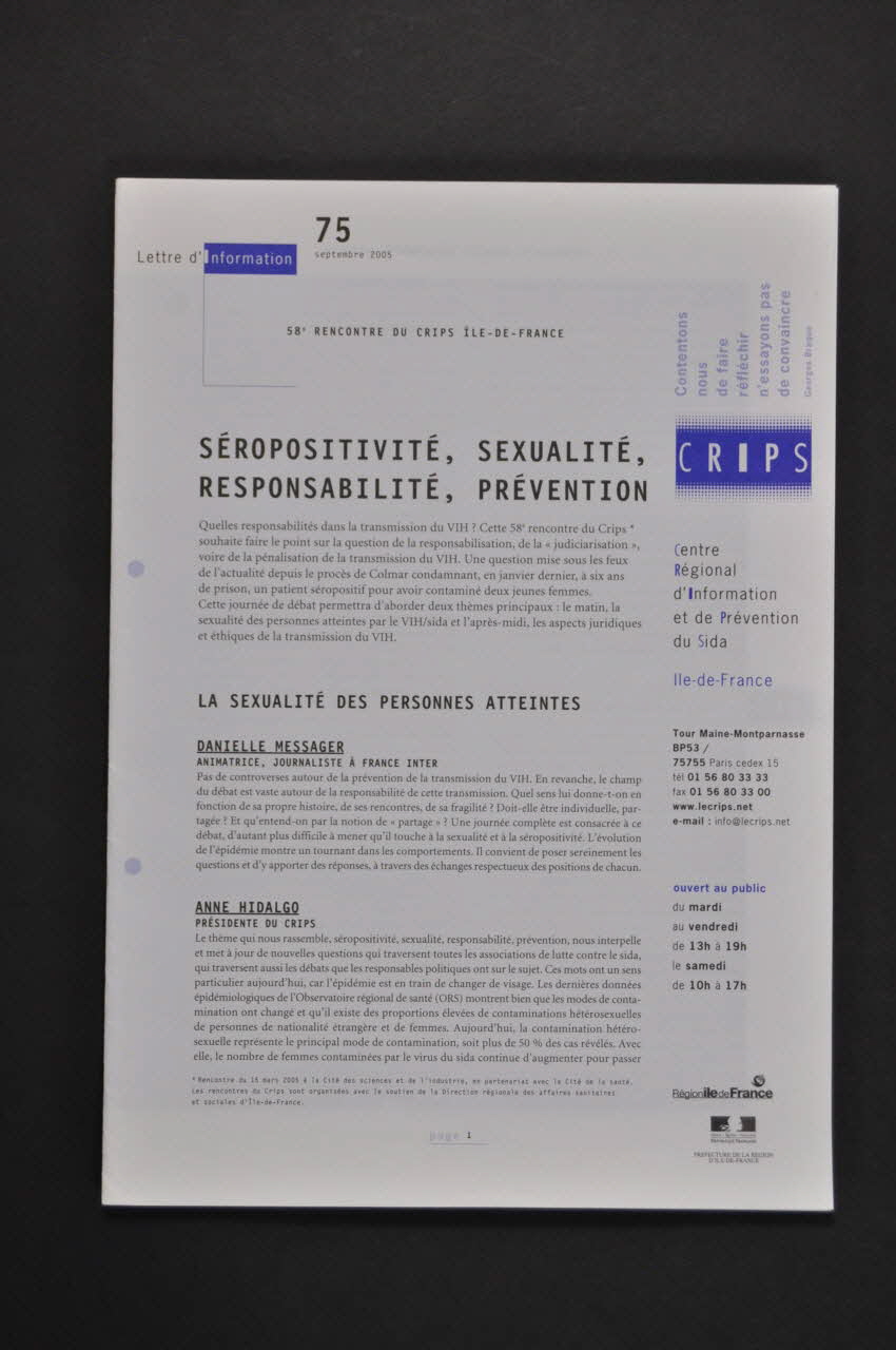C.R.I.P.S Ile de France Lettre d'information Séropositivité, sexualité, responsabilité, prévention France 2005/9 2005.117.30.1 Photo Mucem