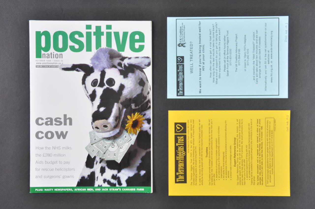 UK Coalition Of People Living With Hiv/Aids revue "Cash cow. How the NHS milks the £280 millions AIDS budget to pay for rescue helicopters and surgeons'gown" (Vache cash. Comment le NHS trait les 280 millions de livres du budget du Sida pour des hélicoptères de secours et des tenues de chirurgiens) Grande Bretagne 1998/10 2003.108.19.1-3 Photo Mucem