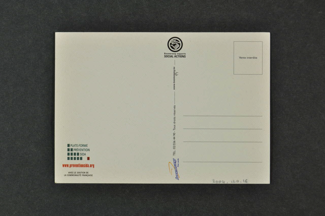 Plateforme Prévention Sida carte postale "Le sida ne se guérit pas encore. Pensez à vous protéger." Belgique 2004 2004.120.16 Photo Mucem