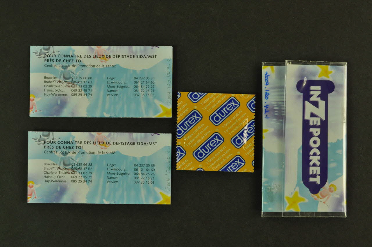 Plateforme Prévention Sida Enveloppe de préservatif "In Ze Pocket", campagne "Sans latex t'es déjà mon ex" Belgique 2004 2004.120.42.1-3 Photo Mucem