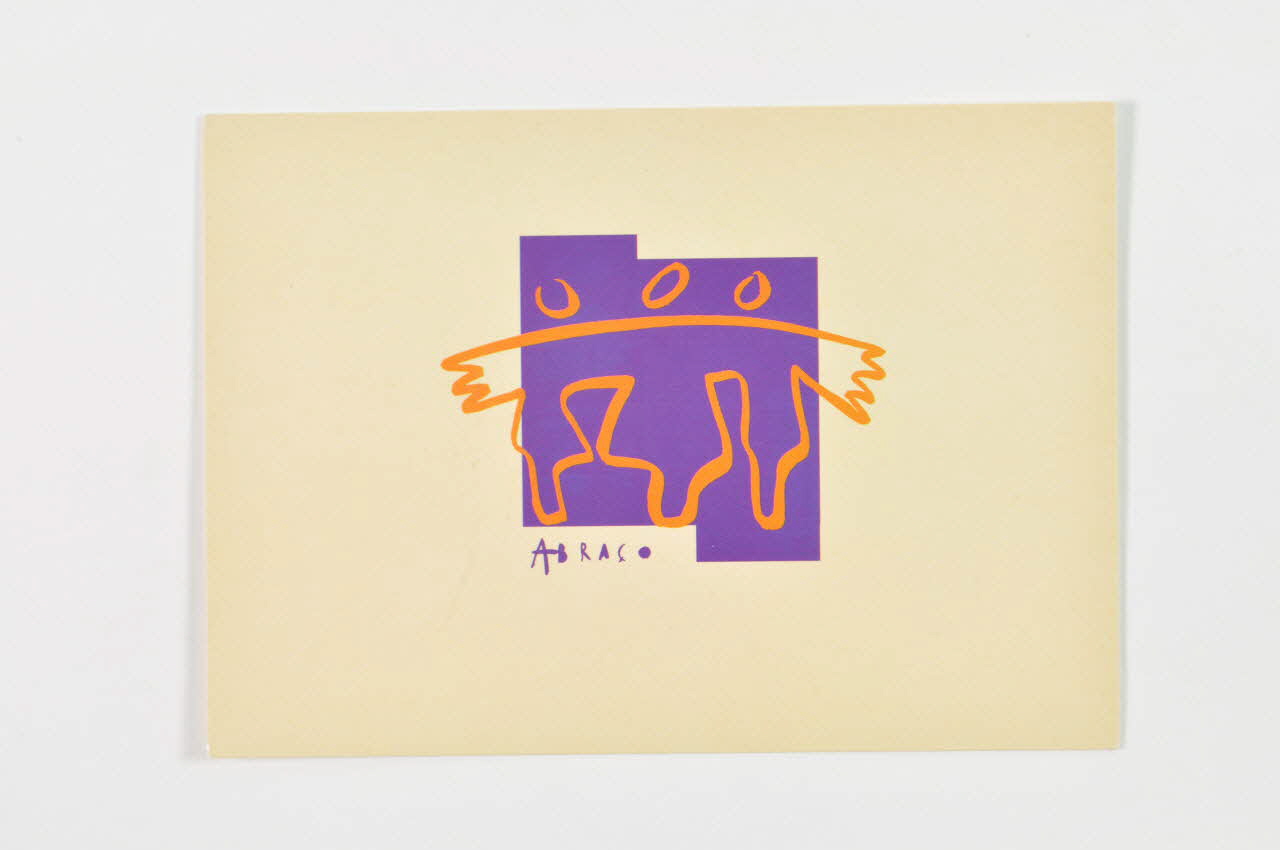 Abraço carte postale 3 personnages stylisés  enlacés orange sur fond violet Portugal 1998 2003.109.127 Photo Mucem