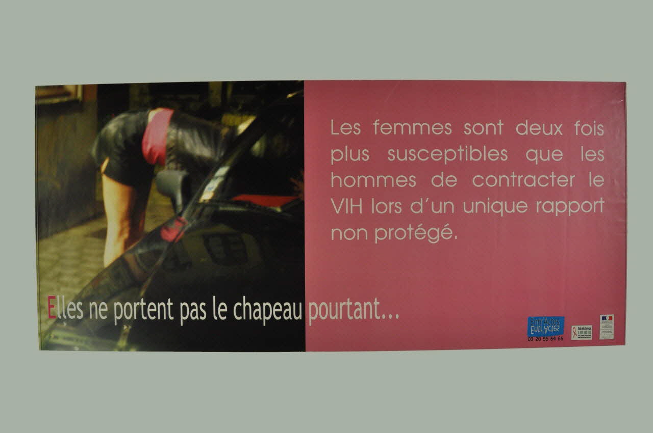 Groupement de Prévention et d'accueil Lillois affiche "Elles ne portent pas le chapeau, pourtant...Les femmes sont deux fois plus susceptibles que les hommes de contracter le VIH lors d'un unique rapport non protégé" Nord-Pas-de-Calais, France 2005/2 2005.12.7 Photo Mucem