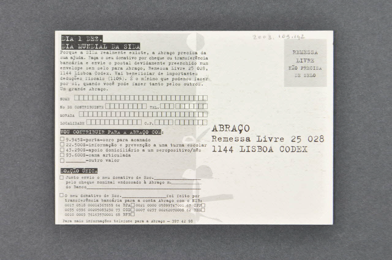 Abraço carte postale "Um abraço . Uma esperança" (Un baiser. Une espérance) Portugal 1996 2003.109.142 Photo Mucem