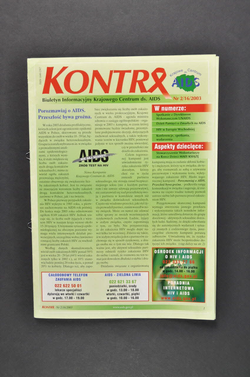 Krajowe Centrum Ds Aids (The National Aids Center) Bulletin d'information "Kontra", 2003, n°2/16 (en polonais ; résumés en anglais et en russe) Pologne 2003 2005.120.39.1-3 Photo Mucem