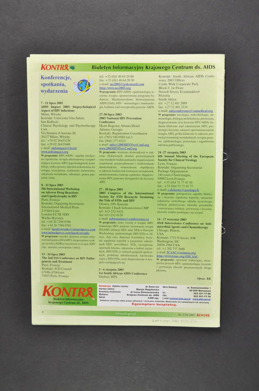 Krajowe Centrum Ds Aids (The National Aids Center) Bulletin d'information "Kontra", 2003, n°2/16 (en polonais ; résumés en anglais et en russe) Pologne 2003 2005.120.39.1-3 Photo Mucem