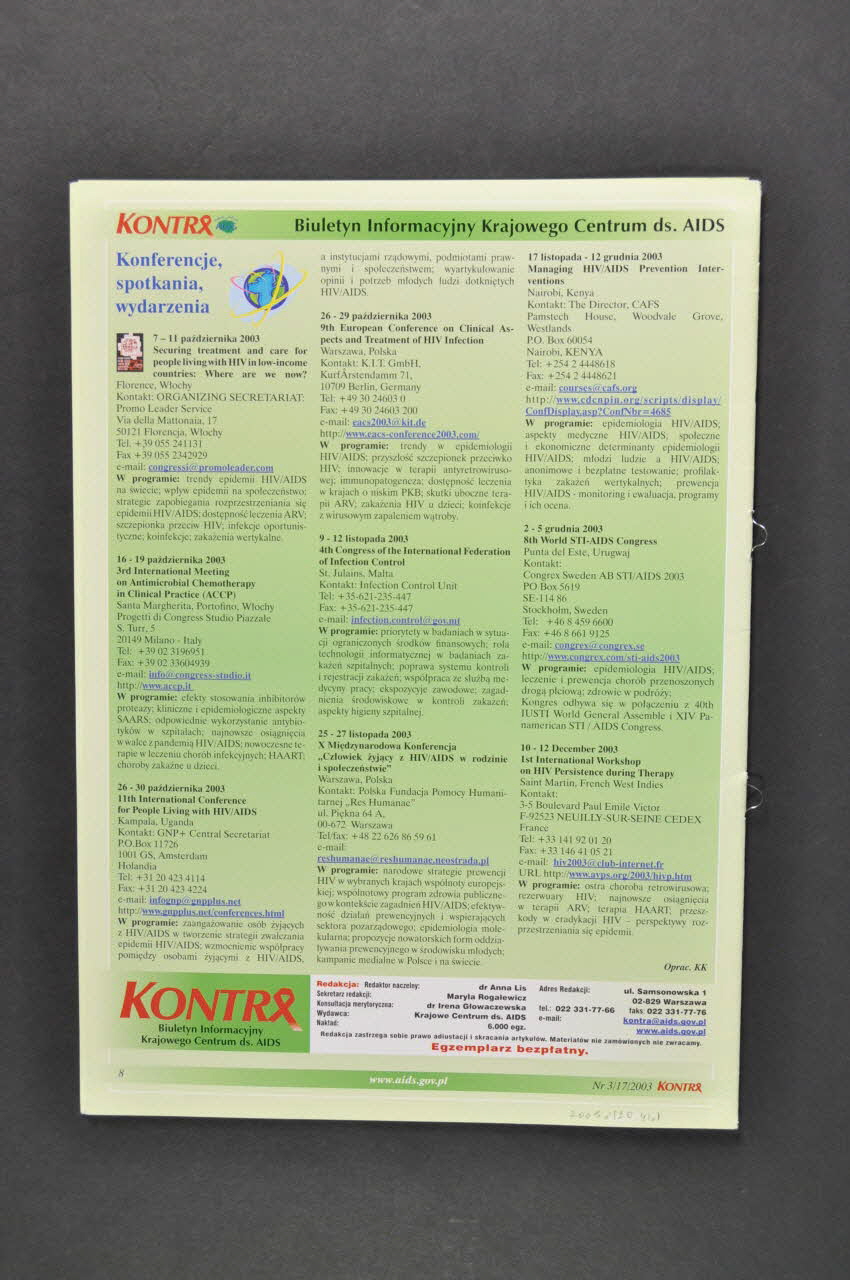 Krajowe Centrum Ds Aids (The National Aids Center) Bulletin d'information "Kontra", 2003, n°3/17 (en polonais ; résumés en anglais et en russe) / "Problematyka HIV i AIDS w populacji osob osadzonych w jednostkach penitencjarnych" Pologne 2003 2005.120.41.1-3 Photo Mucem