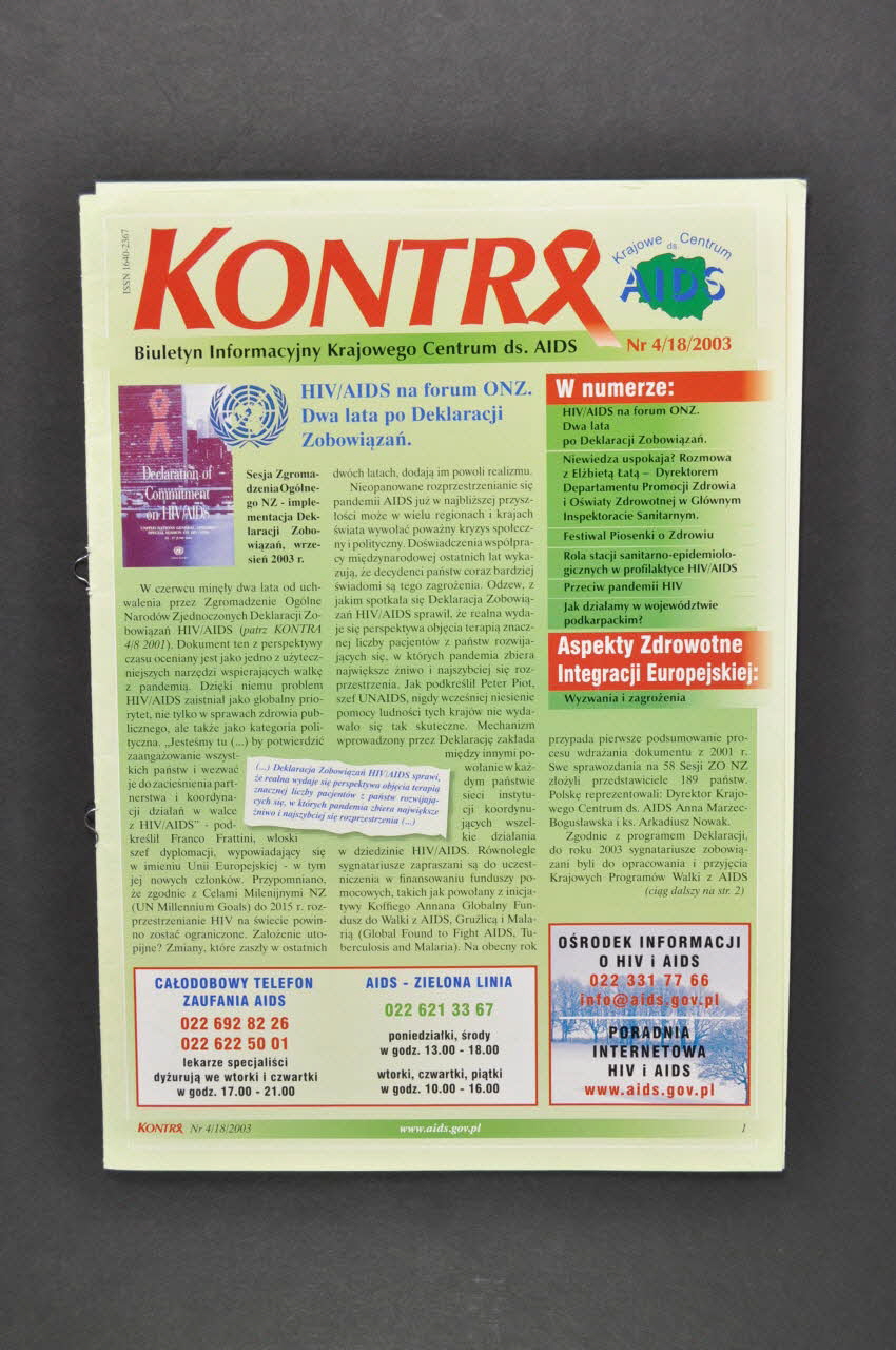 Krajowe Centrum Ds Aids (The National Aids Center) Bulletin d'information "Kontra", 2003, n°4/18 (en polonais ; résumés en anglais et en russe) / "Integracji Europejskiej : Wyzwania i zagrozenia "(Les aspects de santé de l'intégration européenne : défis et opportunités) Pologne 2003 2005.120.42.1-2 Photo Mucem