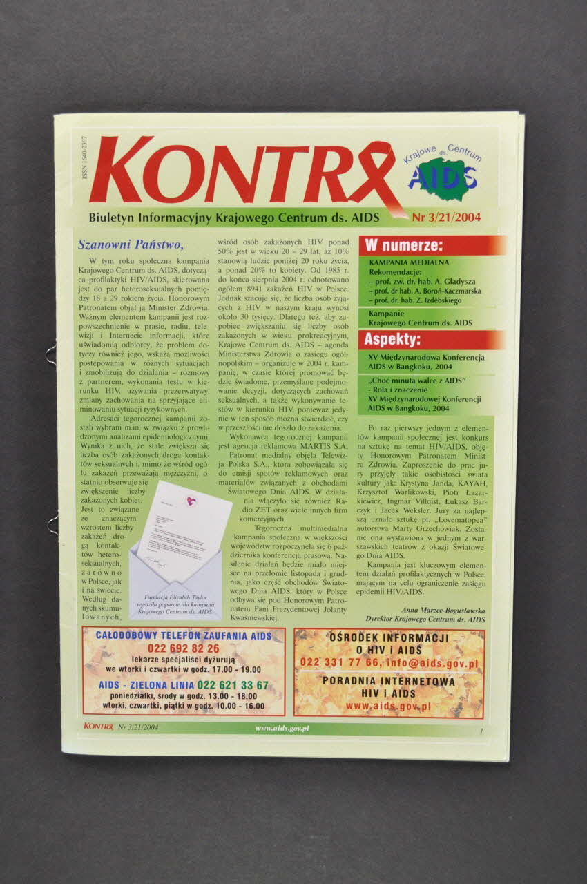 Krajowe Centrum Ds Aids (The National Aids Center) Bulletin d'information "Kontra", 2004, n°3/21 (en polonais ; résumés en anglais et en russe)  / XV° conférence mondiale du sida, Bangkok, 2004 Pologne 2004 2005.120.45.1-3 Photo Mucem